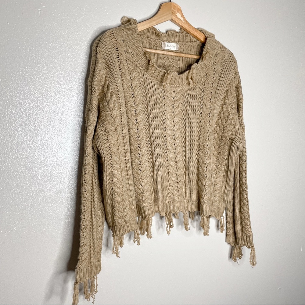 Altar’d State | Distressed Cable Knit Tan Cropped Sweater - Picture 2 of 7
